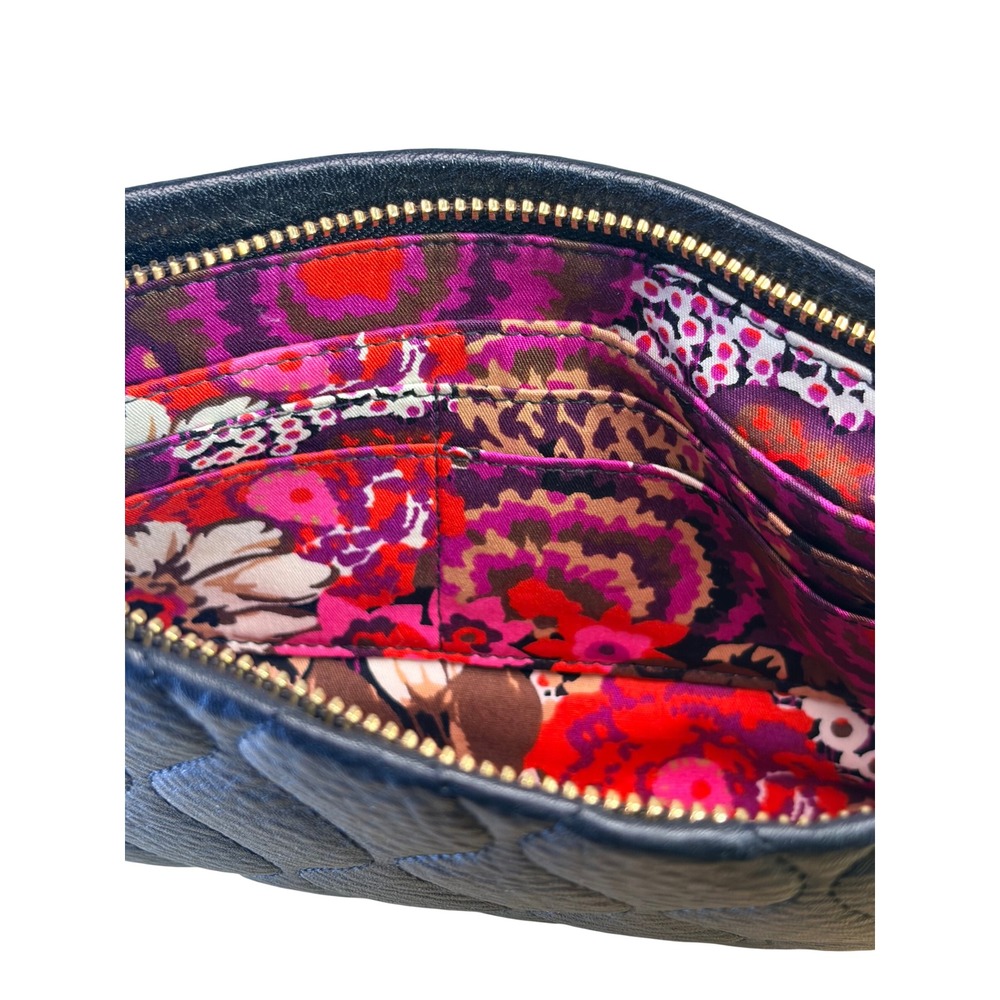 Vera Bradley Mia Black Quilted Genuine Leather Wristlet Clutch Floral Interior - Picture 5 of 9